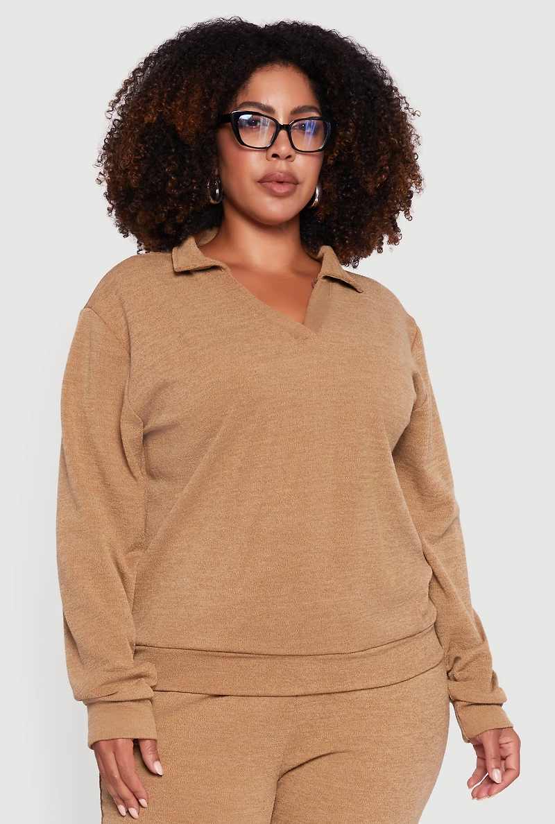 Womens Plus Size Collared V-Neck Pullover Sweater, Brown, Size 1X