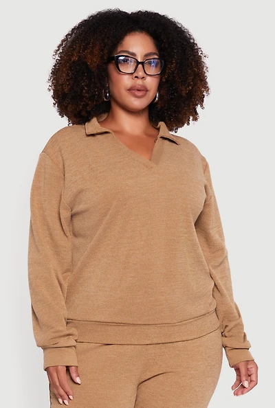 Womens Plus Size Collared V-Neck Pullover Sweater, Brown, Size 1X