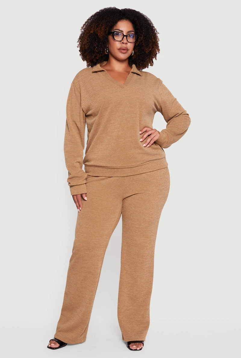 Womens Plus Size Collared V-Neck Pullover Sweater, Brown, Size 1X