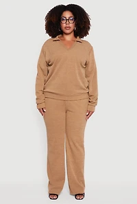 Womens Plus Size Collared V-Neck Pullover Sweater, Brown, Size 1X