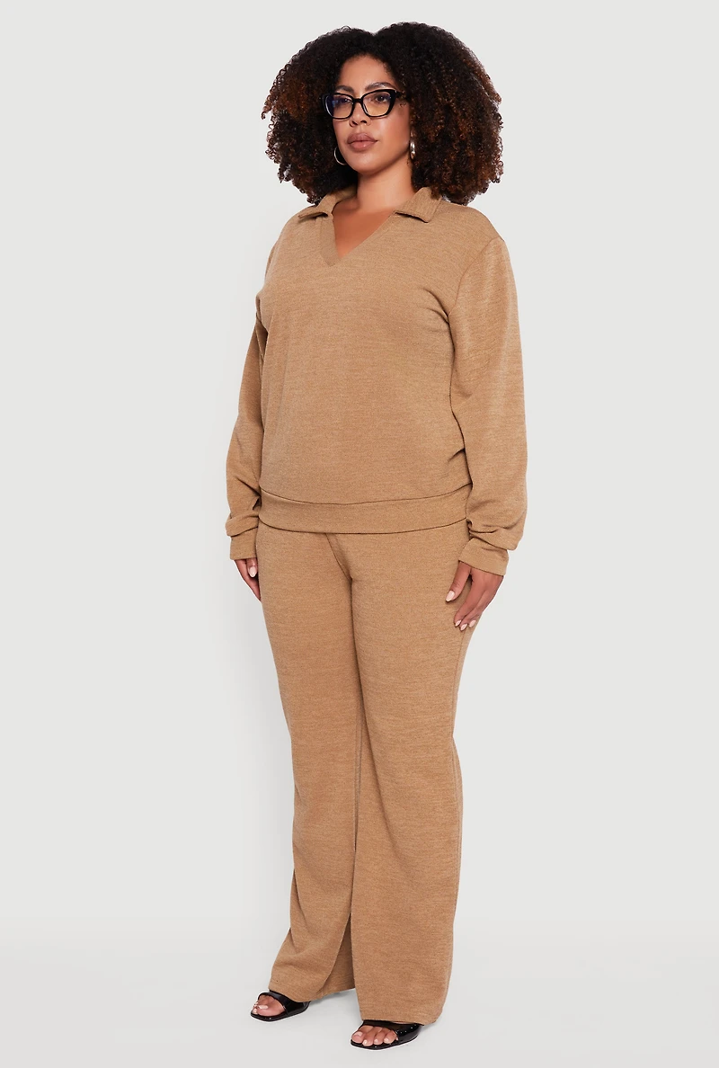 Womens Plus Size Collared V-Neck Pullover Sweater, Brown, Size 1X