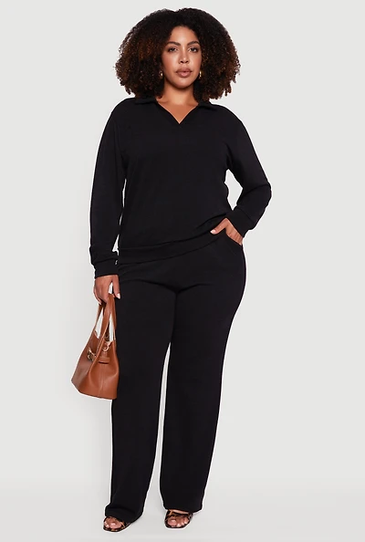 Womens Plus High Waisted Straight Leg Casual Pants,