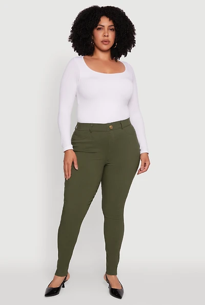 Womens Plus Size Hyper Stretch Pull On Push Up Skinny Pants, Green, Size 2X