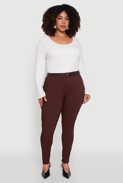 Womens Plus High Waisted Belted Dress Pants,