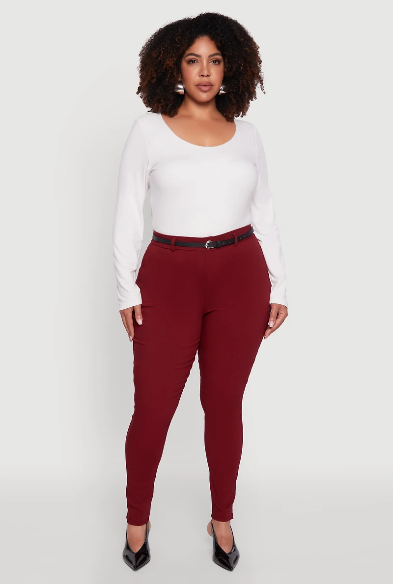 Womens Plus Size High Waisted Belted Dress Pants, Burgundy, Size 2X