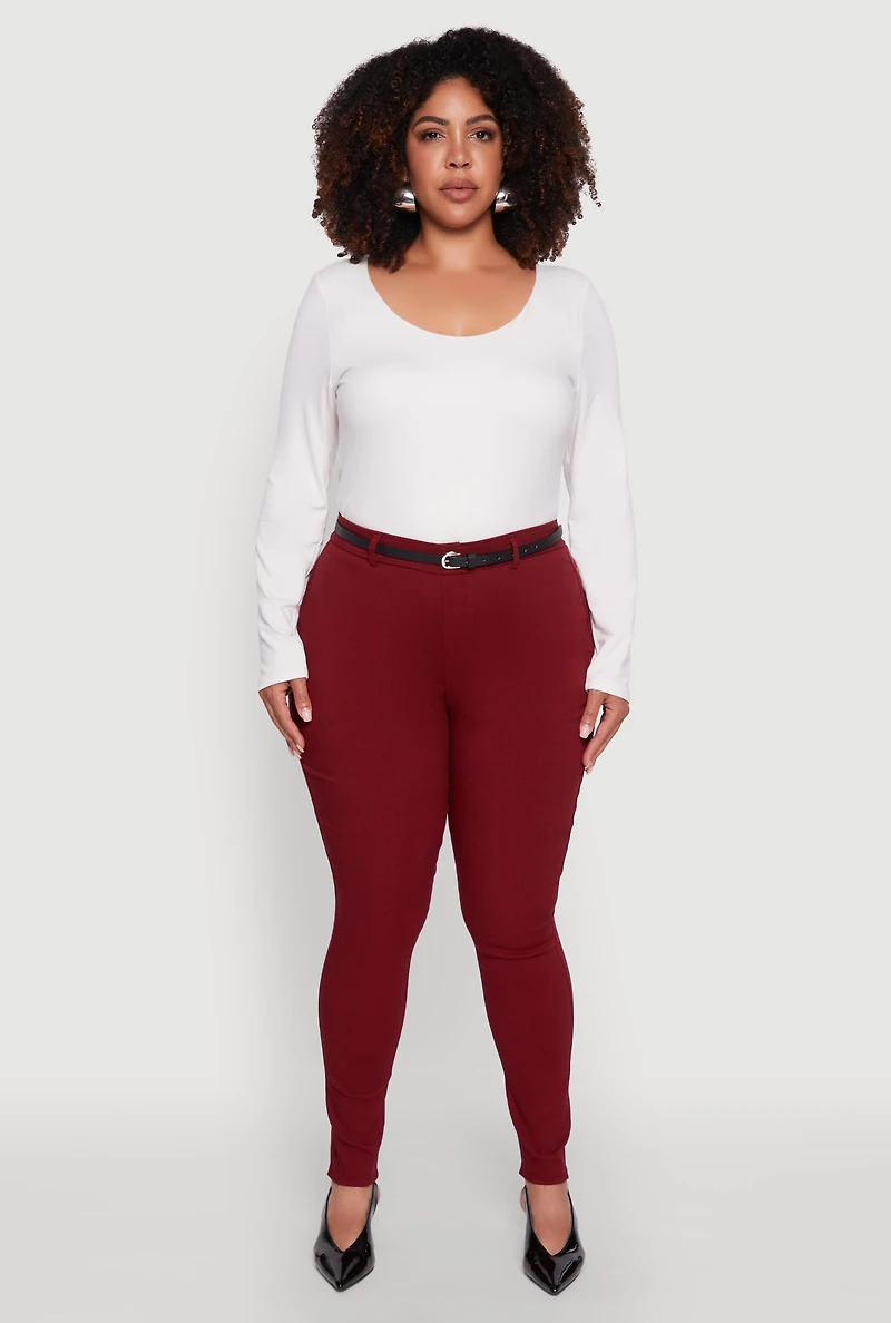 Womens Plus Size High Waisted Belted Dress Pants, Burgundy, Size 3X