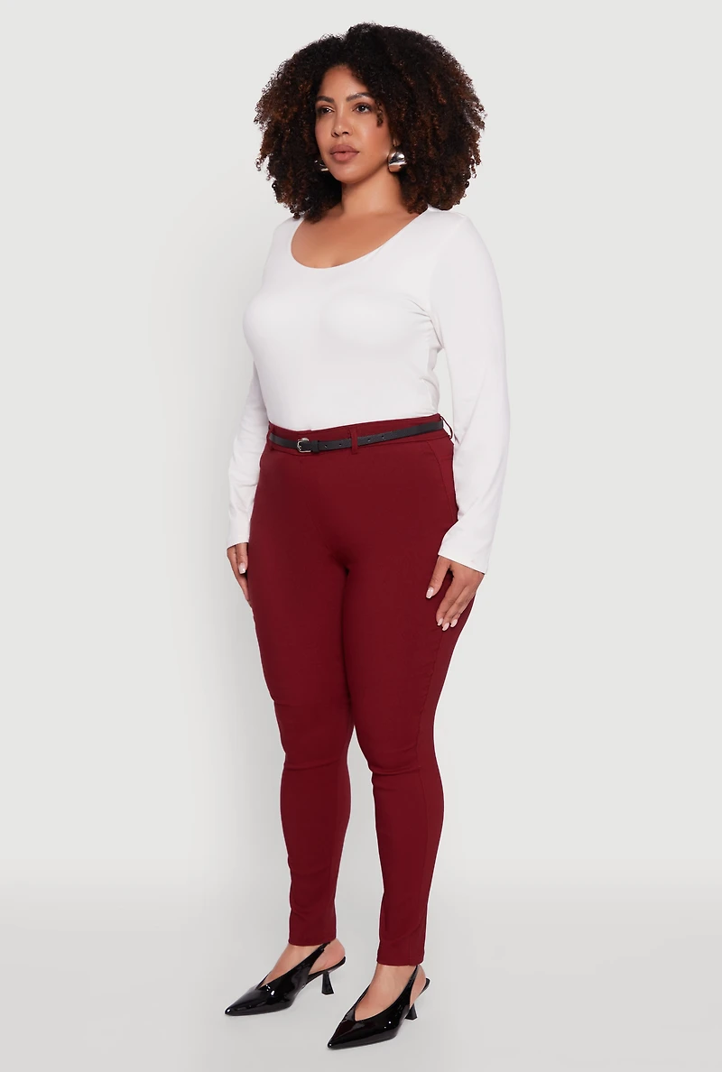 Womens Plus Size High Waisted Belted Dress Pants, Burgundy, Size 3X