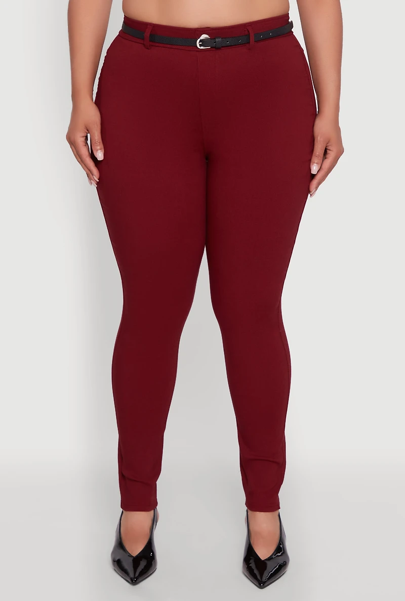 Womens Plus Size High Waisted Belted Dress Pants, Burgundy, Size 3X