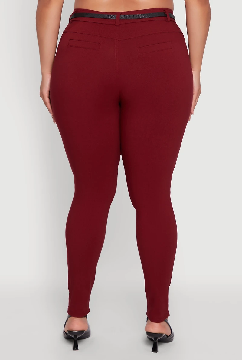Womens Plus Size High Waisted Belted Dress Pants, Burgundy, Size 2X