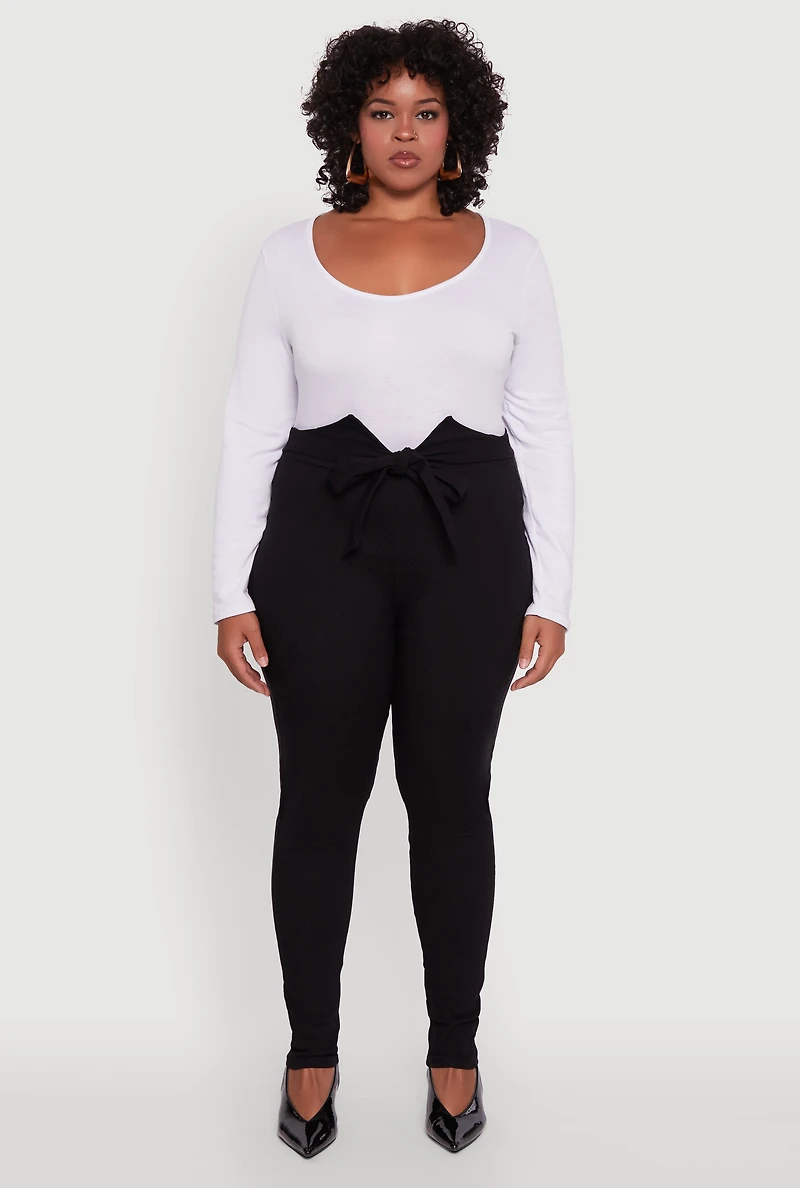 Womens Plus Size Skinny Leg Tie Waist Pants with Zip Back, Black, Size 2X