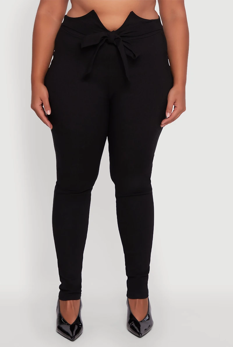 Womens Plus Size Skinny Leg Tie Waist Pants with Zip Back, Black, Size 2X