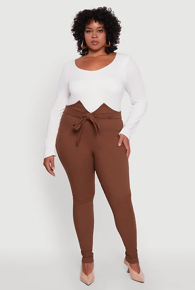 Womens Plus Size Skinny Leg Tie Waist Pants with Zip Back, Brown, Size 1X