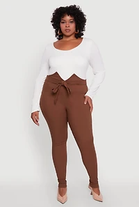 Womens Plus Size Skinny Leg Tie Waist Pants with Zip Back, Brown, Size 1X