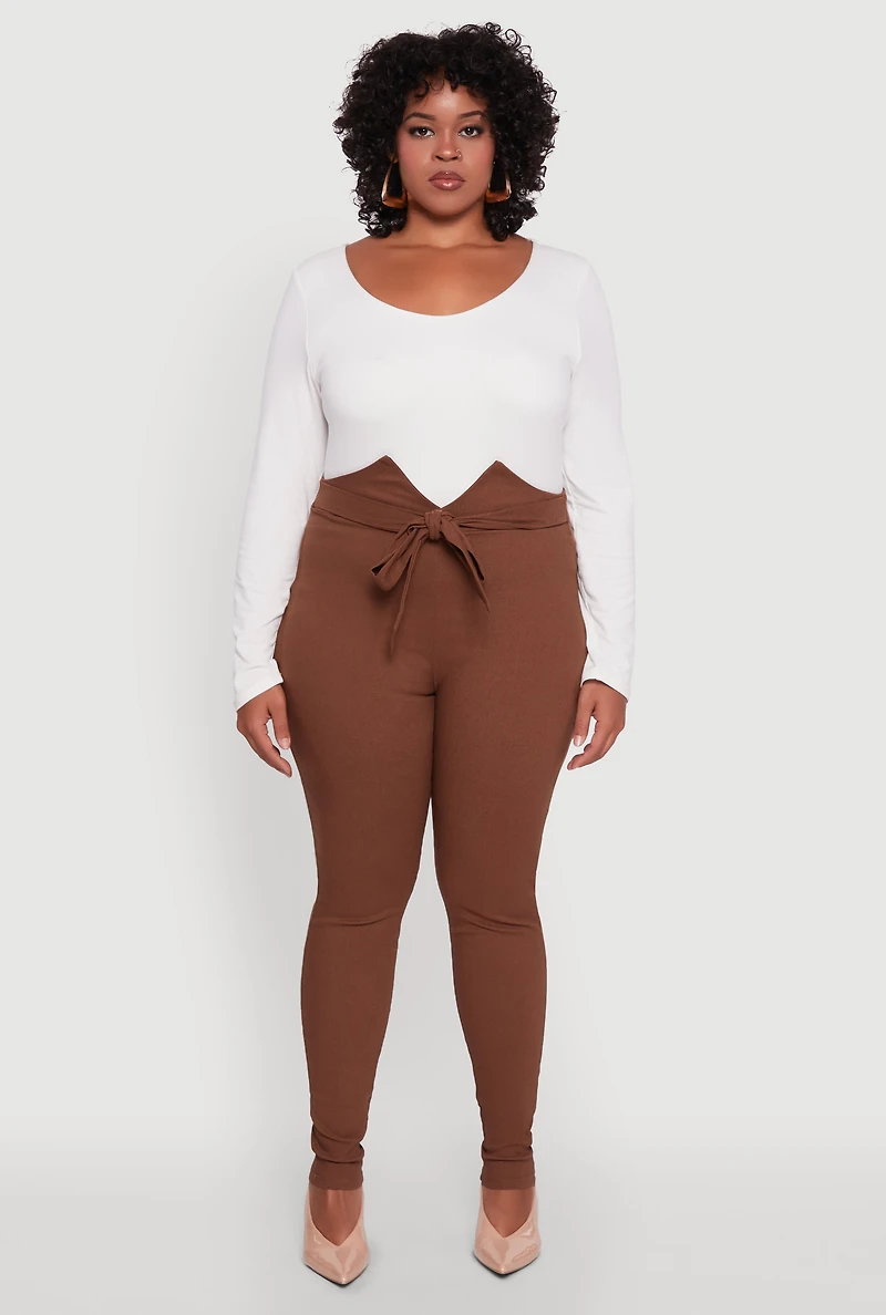 Womens Plus Size Skinny Leg Tie Waist Pants with Zip Back, Brown, Size 1X