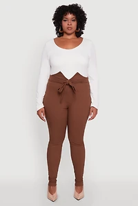 Womens Plus Size Skinny Leg Tie Waist Pants with Zip Back, Brown, Size 1X
