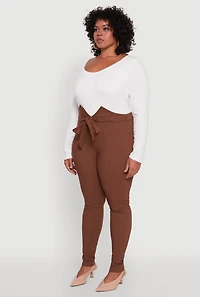 Womens Plus Size Skinny Leg Tie Waist Pants with Zip Back, Brown, Size 1X