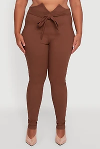 Womens Plus Size Skinny Leg Tie Waist Pants with Zip Back, Brown, Size 1X