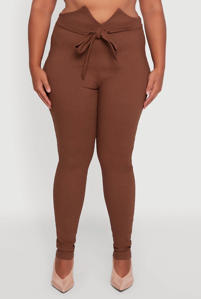 Womens Plus Size Skinny Leg Tie Waist Pants with Zip Back, Brown, Size 2X