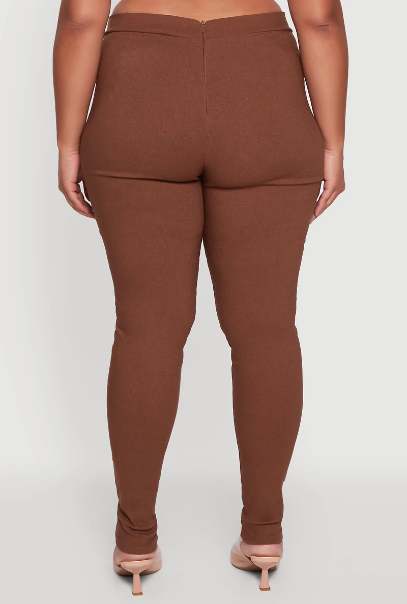 Womens Plus Size Skinny Leg Tie Waist Pants with Zip Back, Brown, Size 2X