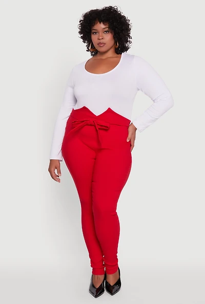 Womens Plus Size Skinny Leg Tie Waist Pants with Zip Back, Red, Size 2X