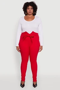 Womens Plus Size Skinny Leg Tie Waist Pants with Zip Back, Red, Size 1X