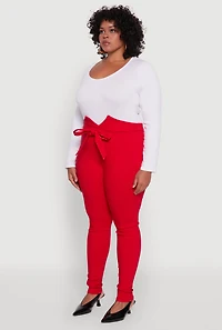 Womens Plus Size Skinny Leg Tie Waist Pants with Zip Back, Red, Size 1X