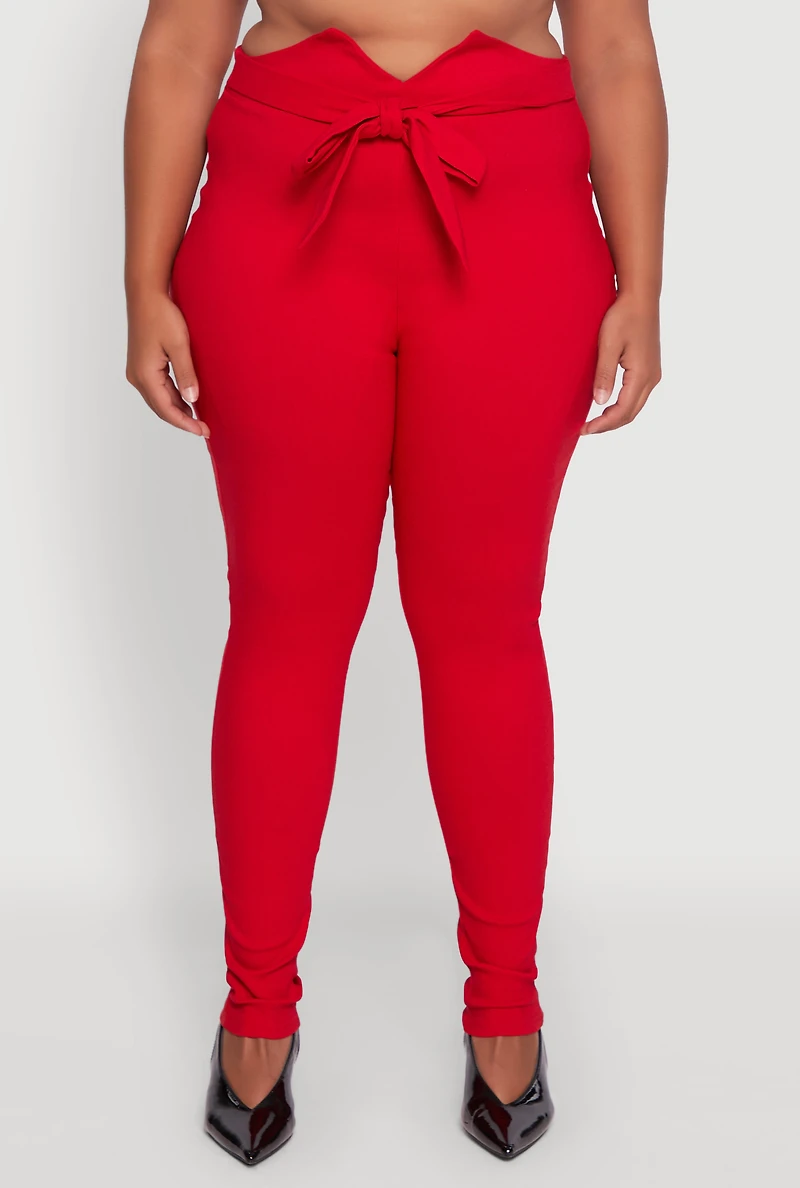 Womens Plus Size Skinny Leg Tie Waist Pants with Zip Back, Red, Size 1X