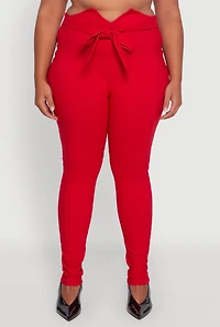 Womens Plus Size Skinny Leg Tie Waist Pants with Zip Back, Red, Size 1X