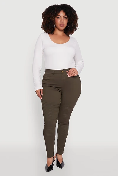 Womens Plus Size High Waisted Hyper Stretch Dress Pants with Faux Buttons, Green, Size 3X