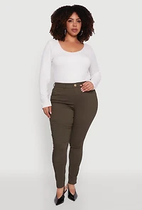 Womens Plus Size High Waisted Hyper Stretch Dress Pants with Faux Buttons, Green, Size 3X