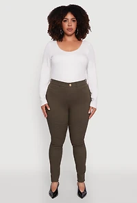 Womens Plus Size High Waisted Hyper Stretch Dress Pants with Faux Buttons, Green, Size 3X