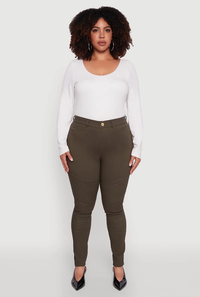 Womens Plus Size High Waisted Hyper Stretch Dress Pants with Faux Buttons, Green, Size 3X