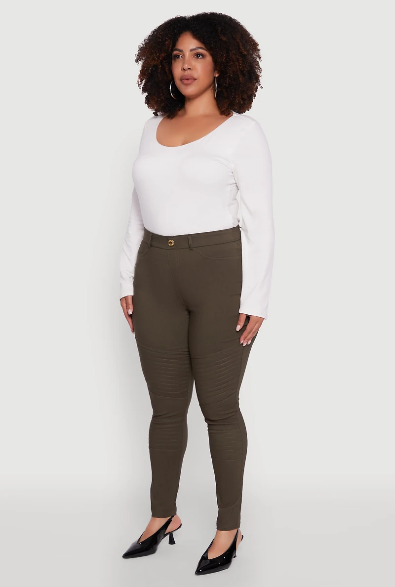 Womens Plus Size High Waisted Hyper Stretch Dress Pants with Faux Buttons, Green, Size 3X