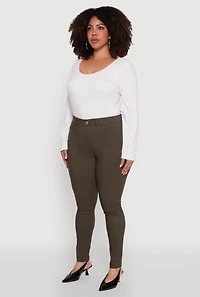 Womens Plus Size High Waisted Hyper Stretch Dress Pants with Faux Buttons, Green, Size 3X