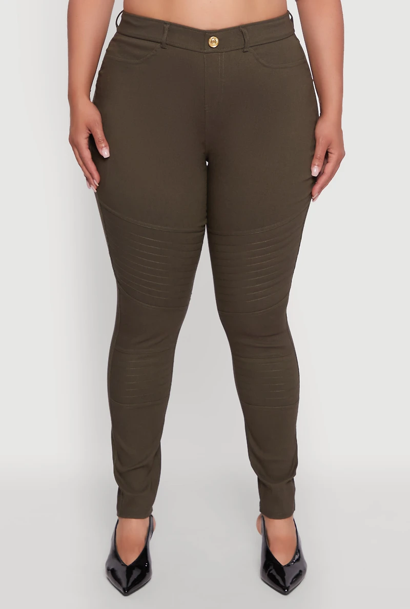 Womens Plus Size High Waisted Hyper Stretch Dress Pants with Faux Buttons, Green, Size 3X