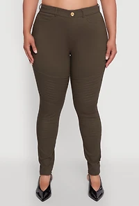 Womens Plus Size High Waisted Hyper Stretch Dress Pants with Faux Buttons, Green, Size 3X