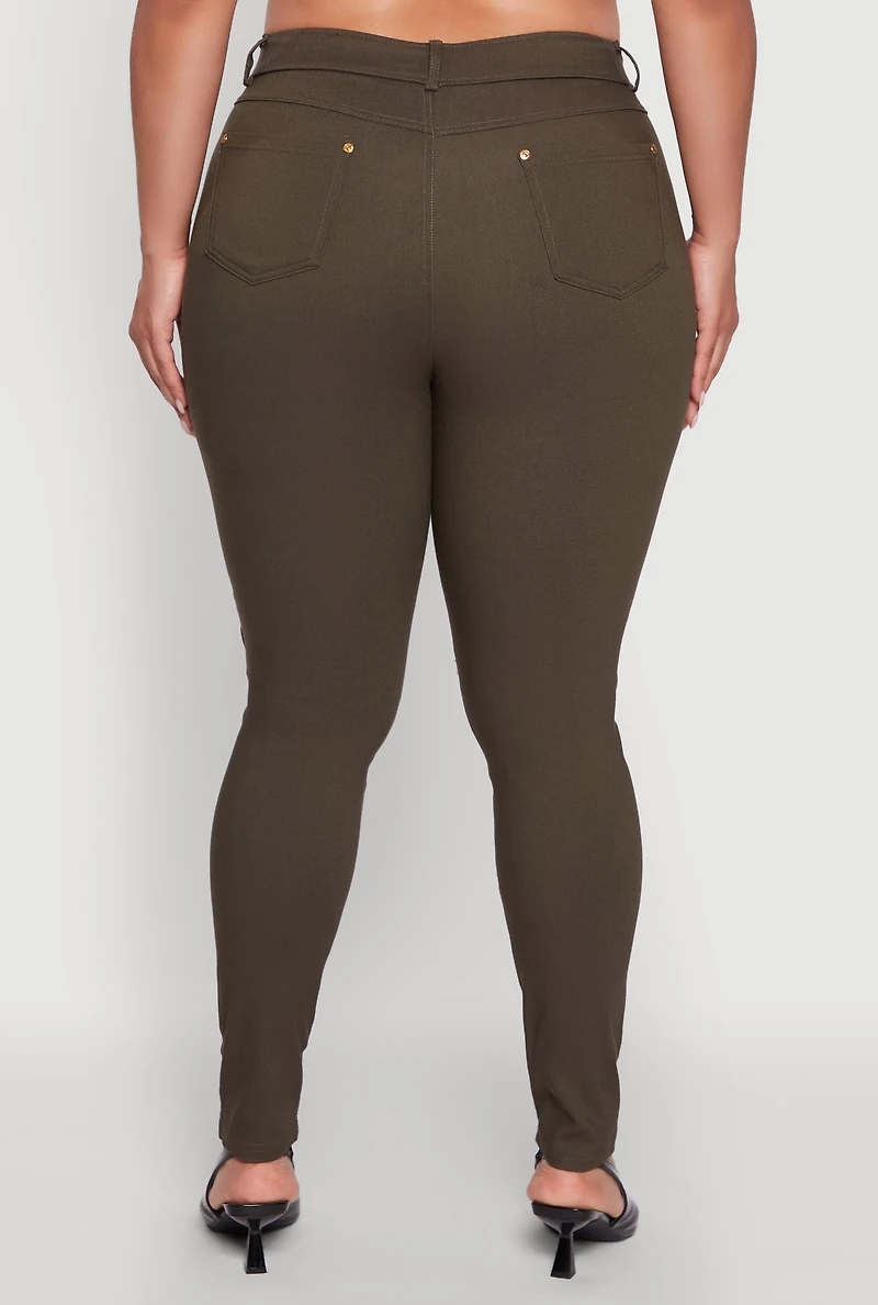 Womens Plus Size High Waisted Hyper Stretch Dress Pants with Faux Buttons, Green, Size 3X