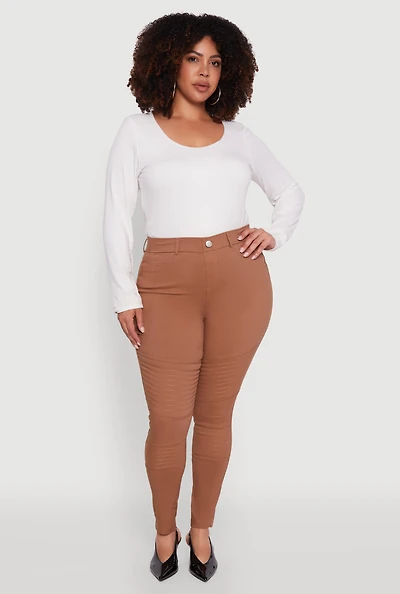 Womens Plus High Waisted Hyper Stretch Dress Pants with Faux Buttons, Brown,