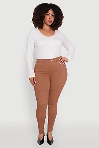 Womens Plus High Waisted Hyper Stretch Dress Pants with Faux Buttons, Brown,
