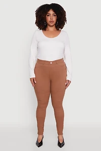 Womens Plus High Waisted Hyper Stretch Dress Pants with Faux Buttons, Brown,