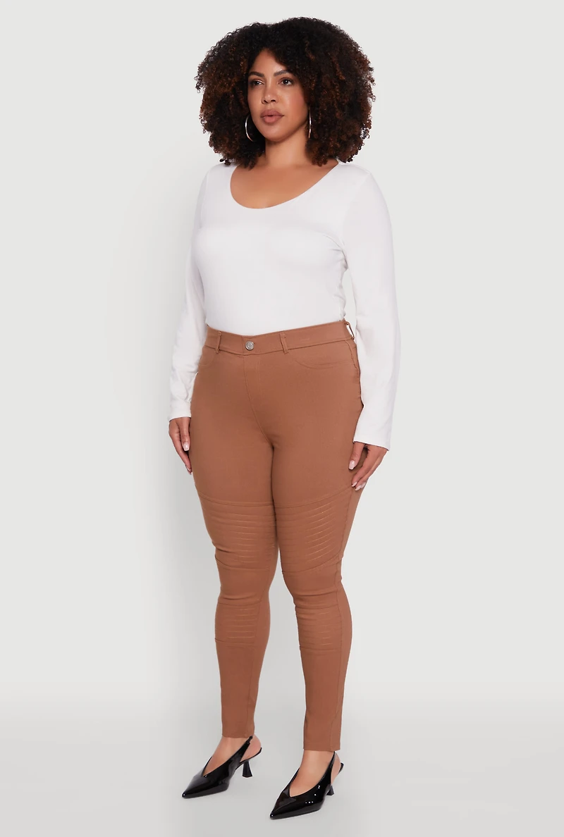 Womens Plus High Waisted Hyper Stretch Dress Pants with Faux Buttons, Brown,