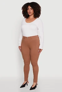 Womens Plus Size High Waisted Hyper Stretch Dress Pants with Faux Buttons, Brown, Size 3X