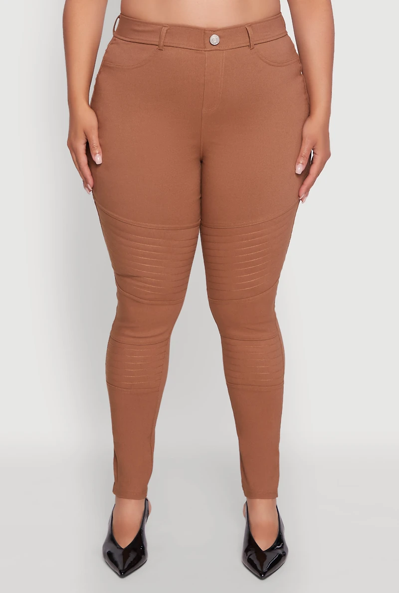 Womens Plus High Waisted Hyper Stretch Dress Pants with Faux Buttons, Brown,
