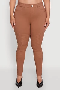 Womens Plus High Waisted Hyper Stretch Dress Pants with Faux Buttons, Brown,
