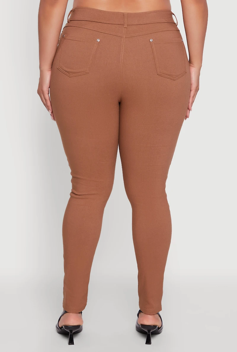 Womens Plus High Waisted Hyper Stretch Dress Pants with Faux Buttons, Brown,