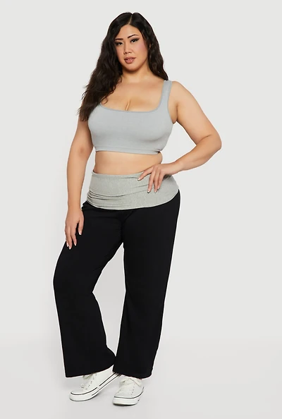 Womens Plus Size Color Blocked Fold Over Lounge Pants, Black, Size 2X