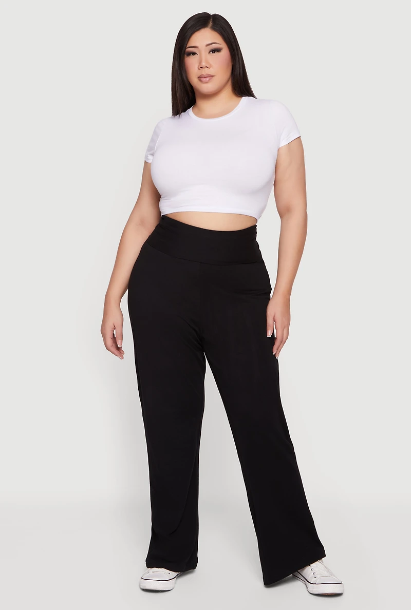 Womens Plus Fold Over High Waisted Wide Leg Pants,