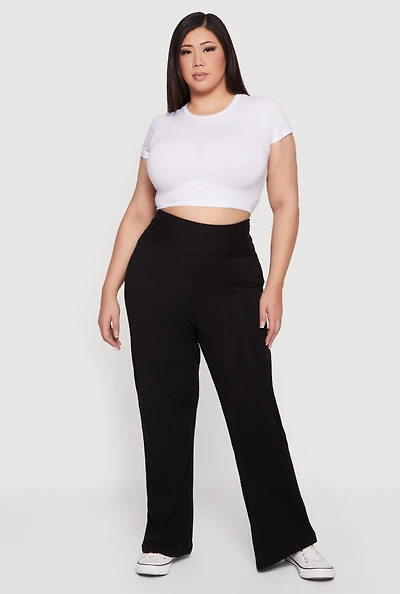 Womens Plus Fold Over High Waisted Wide Leg Pants,