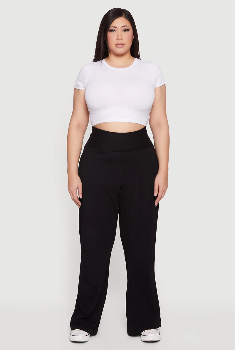 Womens Plus Fold Over High Waisted Wide Leg Pants,
