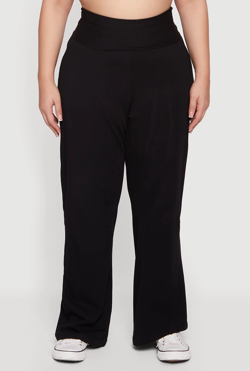 Womens Plus Fold Over High Waisted Wide Leg Pants,